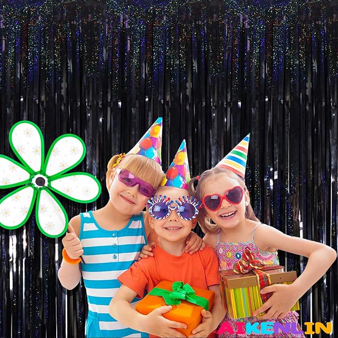 4 Pack 3.2Ft x 8.2Ft Black Foil Fringe Curtain Backdrop, Metallic Tinsel Foil Fringe Streamers Curtains Background for Photo Booth, Birthday, Wedding, Disco, Bachelorette, Christmas Party Decoration