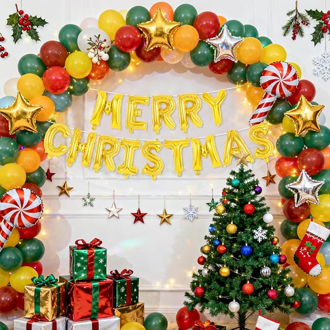 Gold Merry Christmas Letter Balloons Banner, Merry Christmas Foil Xmas Balloon for Xmas Party Decorations (Gold)