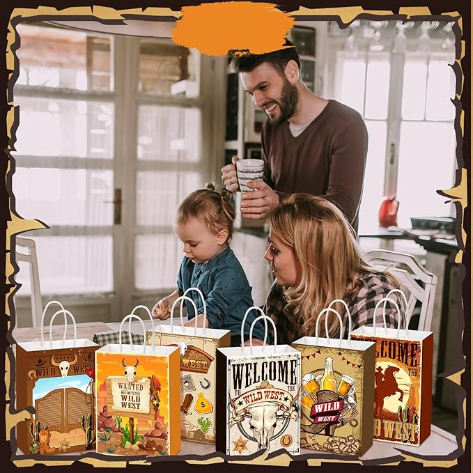 Outus 24 Pcs Cowboy Party Favor Bags Western Cowboy Goodie Candy Bags Paper Rodeo Bag Wild West Gift Treat Pouch‌ with Handles for Cowgirl Birthday Party Supplies