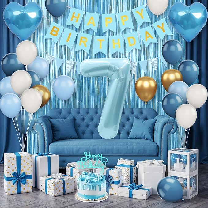 7th Birthday Decorations Blue White Gold,7th Birthday Balloons with Happy Birthday Banner Fringe Curtain Heart Foil Balloons for Boys Girls 7 Year Old Birthday Decor