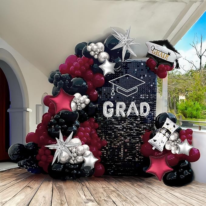 Black Maroon and Silver Balloon Garland Arch Kit 130+ Pieces with Maroon and Silver Stars, Graduation Certificate Graduation Cap GRAD Letters Mylar Balloons for 2026 Graduation Prom Decorations