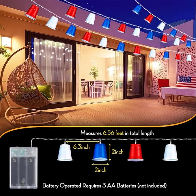 Hiboom 1 Pack Red White and Blue Cups Light, Shot Cups Fairy String Lights Battery Operated LED for 4th of July Independence Day Patriotic Decor Memorial Day Bar Graduation RV Party (13Ft)