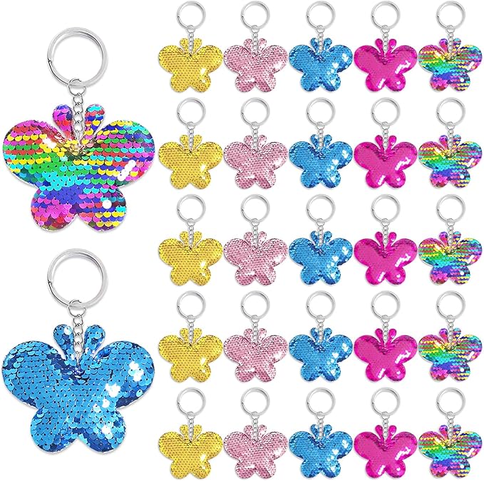 CiciBear 25 Pack Butterfy Sequin Keychains for Butterfy Party Favors, Kids and Adults Birthday Gift, Baby Shower, Party, 5 Colors