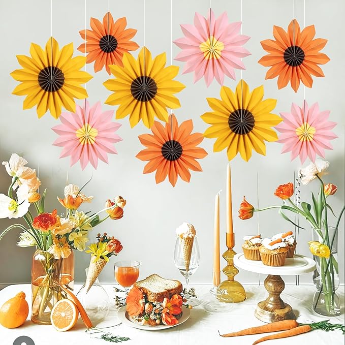 Orange Yellow Paper Fan, Pink, Orange and Yellow Paper Flowers for Sunflower Party Decorations, Paper Flowers Decorations for Wall, Sunflower Birthday Decor, Baby Shower, Classroom Decor
