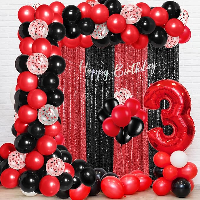 137 Pcs Red Black Party Backdrop Kits, 4 Sequin Backdrop Curtain 133 Balloon Arch Kit Garland Photo Background for Graduation Prom Wedding Anniversary Birthday Movie Night Decor