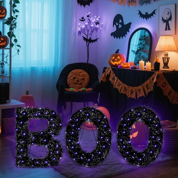 ATDAWN 3 Piece Outdoor Boo Sign Halloween Decoration, Lighted Boo Yard Display Set, Boo Yard Sign for Halloween Indoor Lawn Decor, Black & Purple