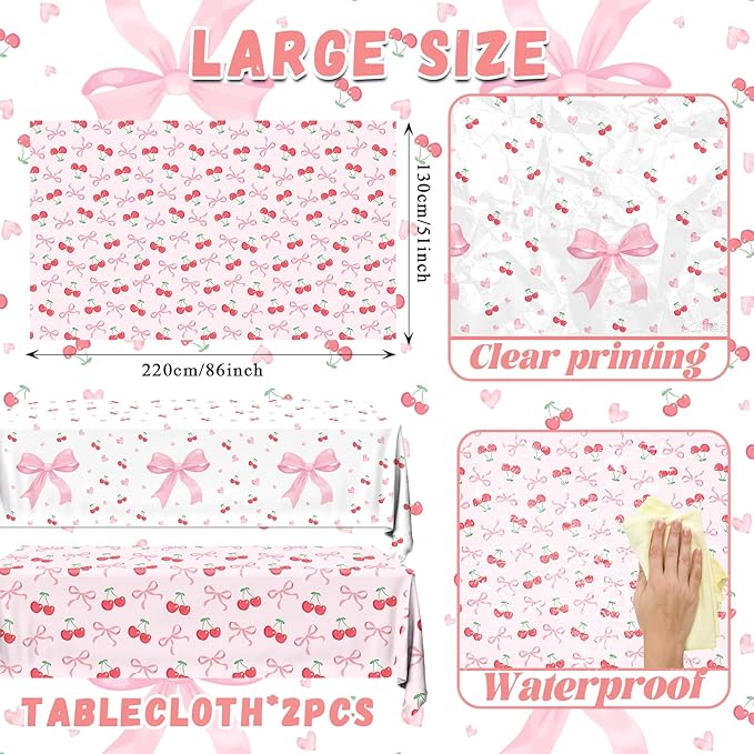 Bow Table Cloth,2 PCS Cherry Tableclothes,Pink Bow Waterproof Disposable Plastic Tablecovers for Birthday Bridal/Baby Shower Cherry-Themed Party Decor