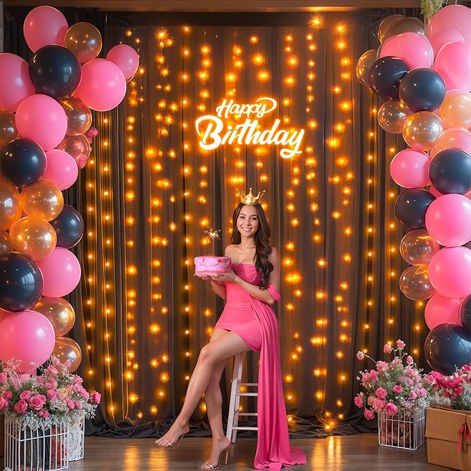 10x10FT Black Wrinkle Free Backdrop Curtains with Lights String for Parties - Photo Curtain Backdrop with Lights for Wedding Decorations, Bridal Baby Shower Birthday Party Photography Background