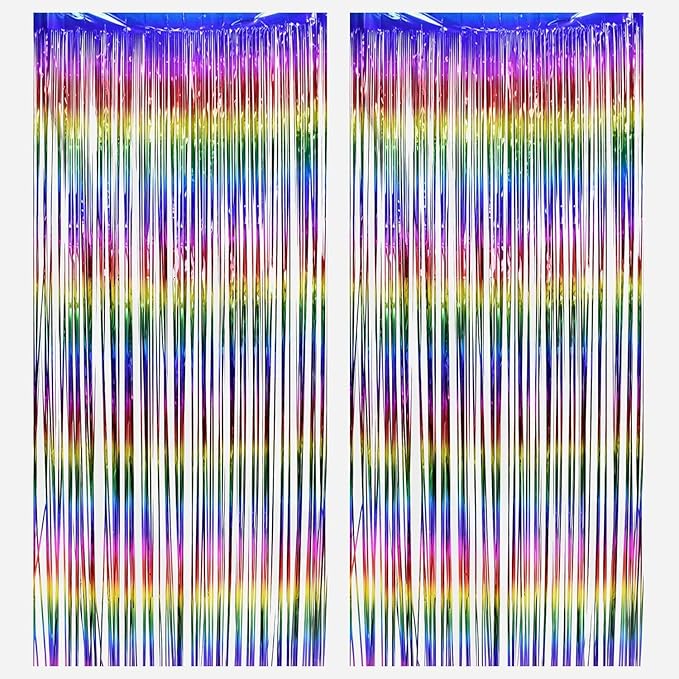 BRAVESHINE Tinsel Fringe Backdrop - 2 Pack Colorful Metallic Foil Curtain Streamers for Easter/80s/90s/Disco/Dance/Rainbow/Unicorn/Anniversary/Bridal/Engagement/Bachelorette/Birthday Party Decorations