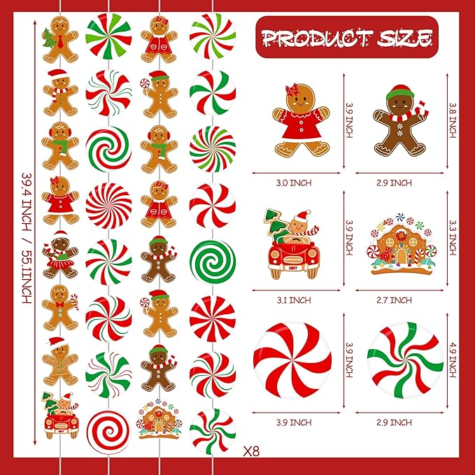 Gingerbread Man Hanging Garlands 8PCS Christmas Party Supplies Christmas Candy Cane Peppermint Hanging Paper Garlands Gingerbread House Banner for Boys Girls Xmas Santa Claus Holiday Decor
