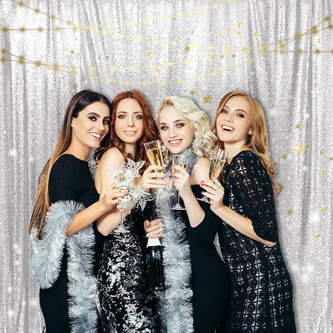 PartyDelight Silver Sequin Backdrop 10x10ft - High Density 3mm Shimmer Sequin Background with 4-Inch Rod Pocket, Sparkly Photography Curtain for Stage, Gala & Large Event Decor