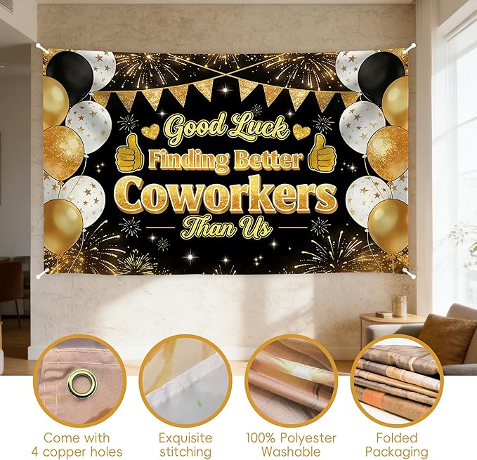 Good Luck Finding Better Coworkers Than Us Banner, 72x43 Inch Extra Large Farewell Decorations Party Backdrop, Coworker Leaving Moving Away Party Decorations, Reinforced Polyester Fabric with 20ft Rope for Office Goodbye Event
