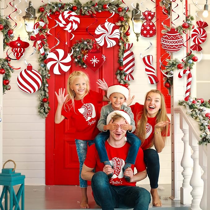 Funrous 56 Pcs Christmas Peppermint Candy Hanging Swirls Decorations Red and White Holiday Party Streamers for Home Winter Holiday Christmas Party Decor(Red White)