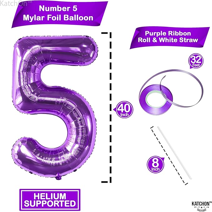 KatchOn, Giant Purple 5 Balloon Number - 40 Inch | Mylar Purple Number 5 Balloon | Purple Five Balloons, Mermaid Birthday Decorations | Purple 5 Balloon For Happy Anniversary Decorations