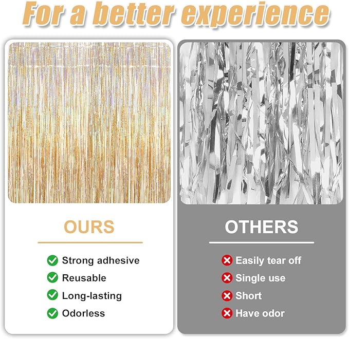 Crosize 2 Pack 3.3 x 9.9 ft Laser Champagne Gold Foil Fringe Curtains Party Decorations,Tinsel Curtain Backdrop for Parties, Door Streamers, Glitter Streamer Backdrop for Birthday Decoration