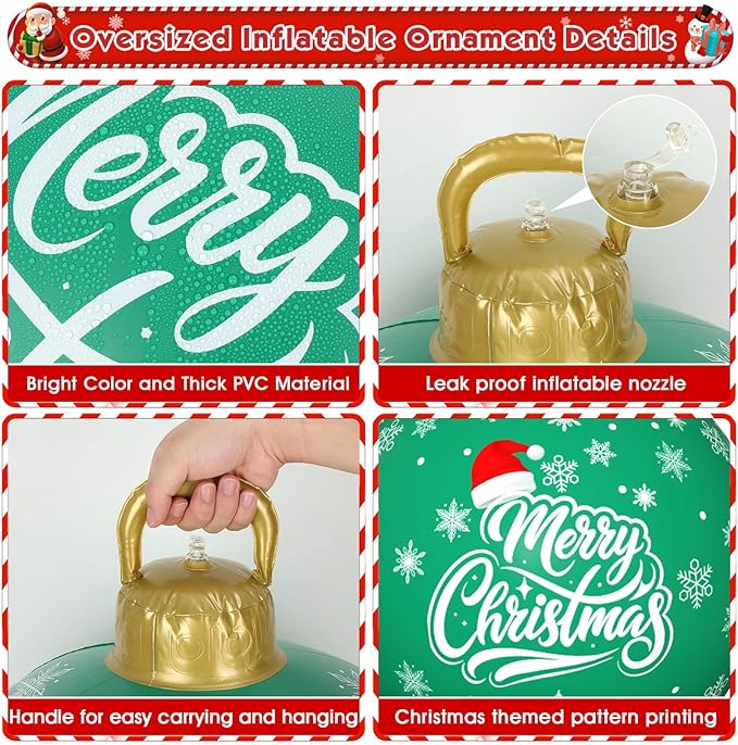 3 Pack Giant Christmas Ornaments, 24 Inch Inflatable Ornaments Balls Outdoor for Christmas Decorations, Giant Outdoor Jingle Bells for Front Door Yard Tree Hanging Decoration