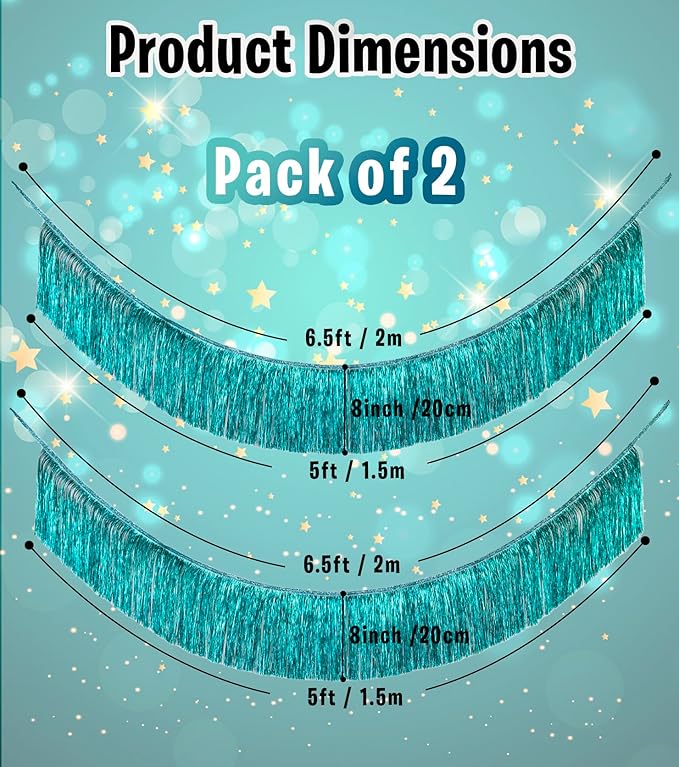 2 Pack Premium Lake Blue Fringe Tassel Banner for Party Decoration, Thick Metallic Foil Tinsel Garland Streamer for Birthday Wedding Bachelorette Holiday Home Hanging Decor