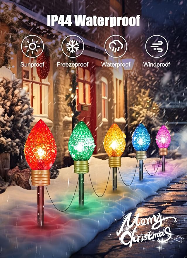 Minetom Strawberry C9 Christmas Jumbo Lights, 2 Pack 10.5 Feet 5 Multicolor Bulb Christmas Pathway Lights Outdoor C7 Light Covered Jumbo Multicolor Light Bulb Decorations for Lawn Outside