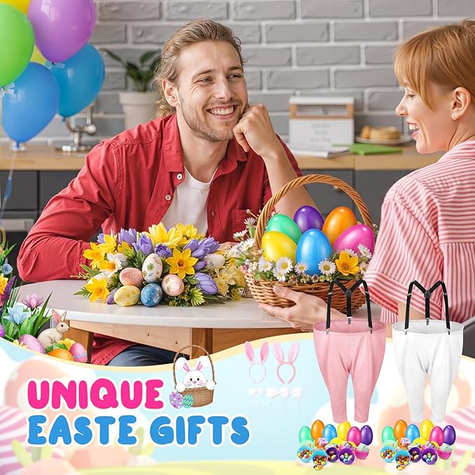 Vinsot 16 Pcs Easter Granny Pants Yard Game Set Oversized Granny Pants with Colorful Easter Eggs, Bowtie, Bunny Ears and Tail, Outdoor Tossing Game Bunny Suit for Spring