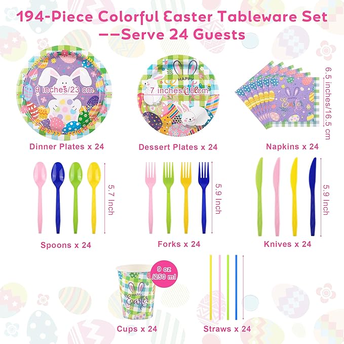 Kochorie 194 Pcs Colorful Easter Tableware Set Bunny Egg Dinnerware Supplies Include Paper Plates Napkins Cups Cutlery Tablecloth for Spring Easter Party Decoration, Serves 24 Guests