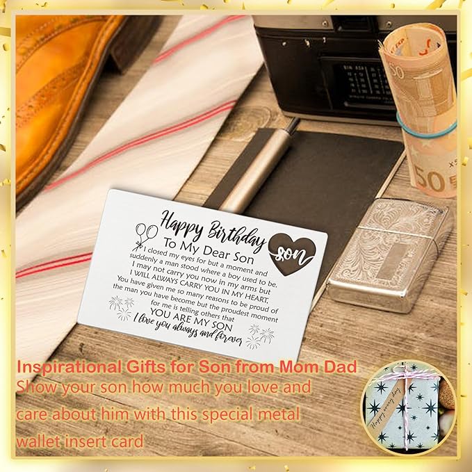 YODOCAMP Happy Birthday Son Gifts from Mom, Metal Engraved Greeting Card for Birthday, Son Wallet Insert Card from Parents