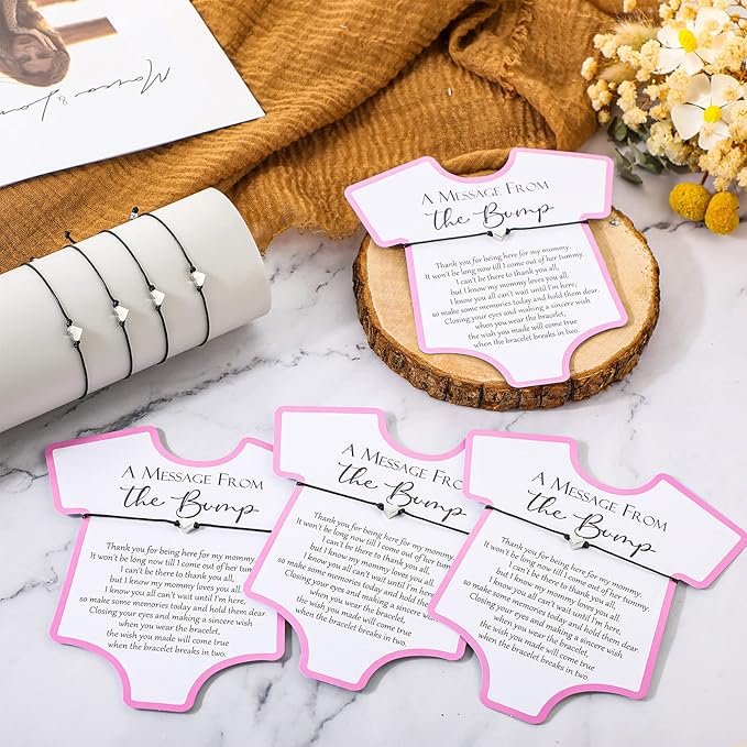 Henoyso 25 Sets Baby Shower Bracelets Adjustable Wish Bracelets Card Heart Charm Baby Shower Party Favor for Guest Gender Reveal Gifts(Pink)