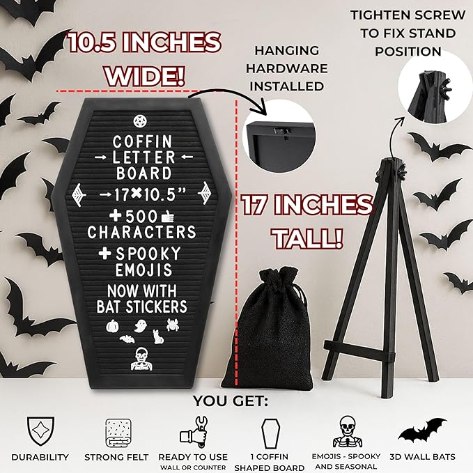 Nomnu Coffin Letter Board Black +3D Bat Stickers +650 Characters, Spooky Seasonal Emojis, Wooden Stand - 17x10.5 Inches - Coffin Shaped Goth Decor Sign Halloween Decorations Gothic Decor Birthday Home Spooky Gifts