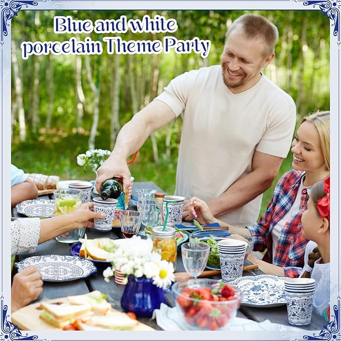Pickmesh 250 Pcs Blue White Floral Party Supplies Decorations Serve 50 Blue and White Porcelain Pattern Disposable Paper Plates Napkins and Cups for Chinoiserie Baby Shower Birthday Wedding Tea Party