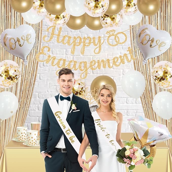 Trgowaul Champagne Gold Engagement Party Decorations, Happy Engagement Banner Backdrop, Bride&Groom Sash for Bridal Shower, Ring Foil Balloon, Just Engaged Cake Topper Wedding Shower Decor