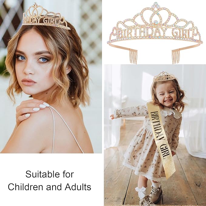 Chanaco Happy Birthday Crown for Women, Birthday Sash and Crown for Girls, Tiara and Sashes Kit, Rhinestone Hair Accessories “BIRTHDAY GIRL” Sash for Party Favors
