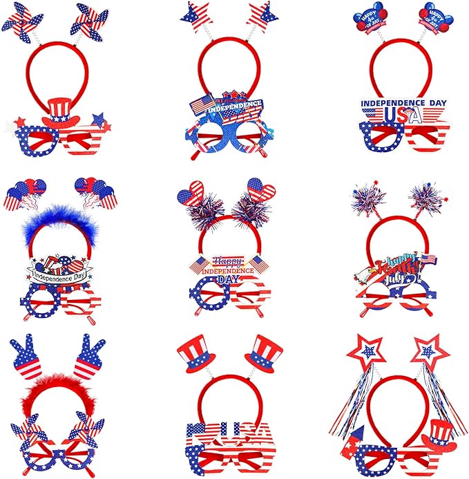 Max Fun 4th of July Accessories, 18 Pcs Patriotic Glasses and Headbands Set Fourth of July Decorations for Kids Adults Independence Day Party Favors Photo Booth Props