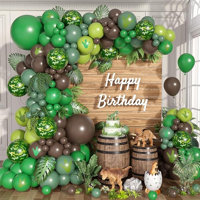 Dinosaur Birthday Party Decorations, Jungle Themed Balloon Arch Kit with Green Brown Balloons Dinosaur Paw Print Stickers for Kids Jungle Safari T-REX ROAR Themed Party Decor Supplies