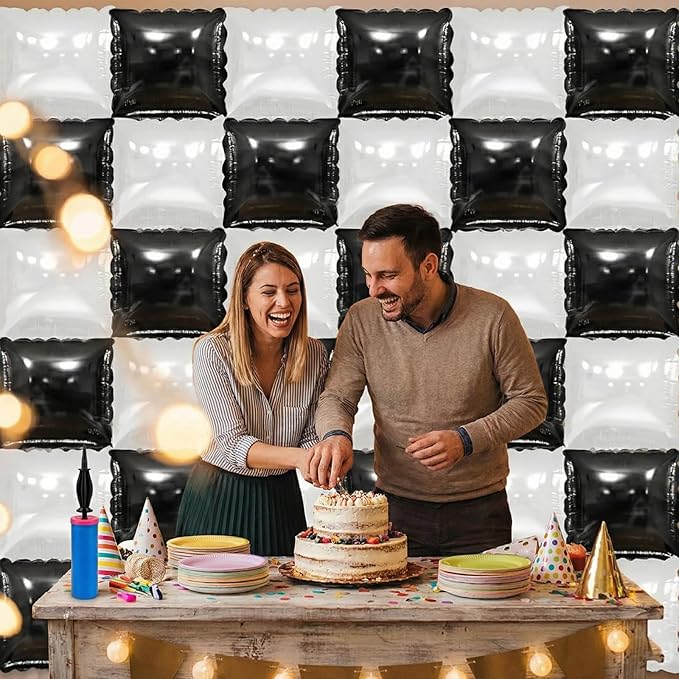 36PCS Square Foil Balloon Wall Backdrop,19 inch Double-Sided Metallic Balloons for Party,Wedding,Anniversary,Birthday,Graduation,Halloween,Shiny Balloon Decor (Black&White)