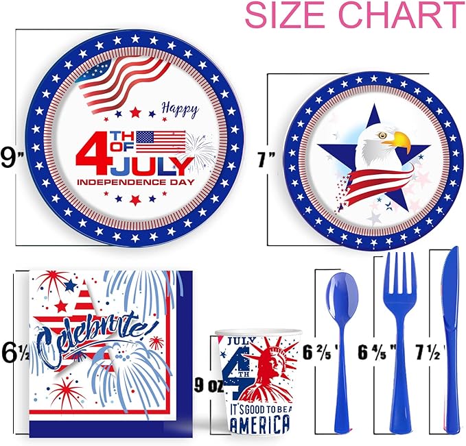 4th of July Party favor Tableware Set, 25 Set American Flag Disposable Dinnerware Set - Patriotic Party Supply - Red Blue White Plates Napkins Cups, Forks Spoons for Independence Memorial Day