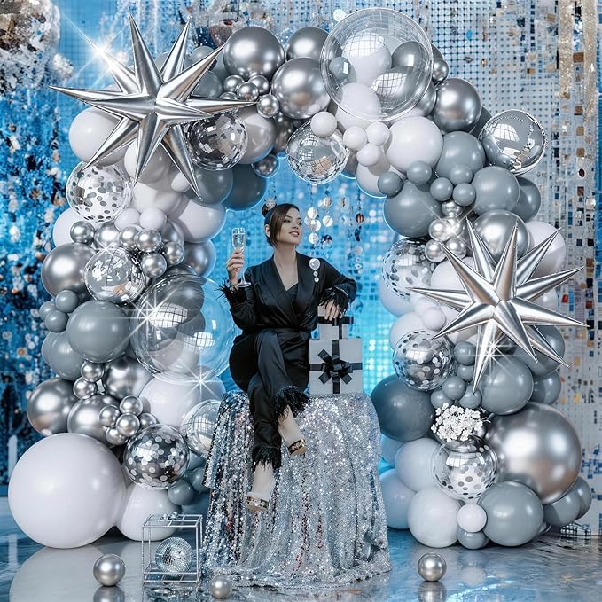 White Silver Balloons Garland Arch Kit, 113pcs White Grey Clear Balloons, Confetti Silver Explosion Star 4D Foil Balloons for Disco Winter Wonderland Holiday Christmas Birthday Ice Snow Party Decor