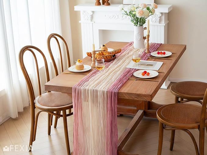 FEXIA Cheesecloth Table Runner 35x120 Inch, Ombre Pink Gauze Table Runner for Wedding, Bridal Shower, Boho Party Decor, Baby Shower, Long Table Centerpiece for Dining Table (Blush Sunset)