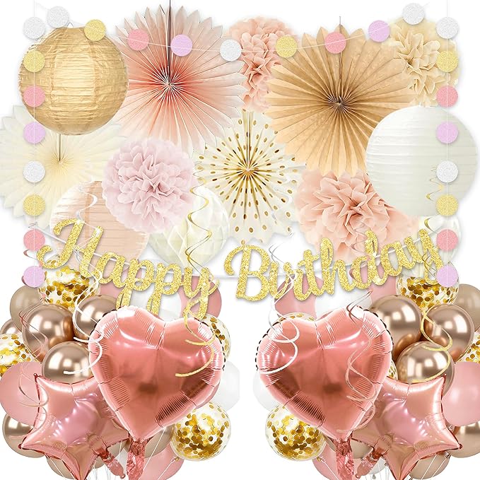 Birthday Decorations for Women, Boho Champagne-Beige 42pcs Balloon Garland with Hearts & Stars, Happy Birthday Banner, Peach Paper Lanterns & Tissue Pom Poms– decoración de cumpleaños para mujer