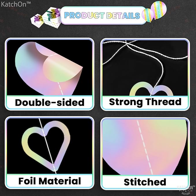 KatchOn, Iridescent Hanging Heart Garland - 6.5 Feet, Pack of 7, No DIY | Heart Banner Garland for Bridal Shower Decorations | Heart Streamers for Bachelorette Party Decorations