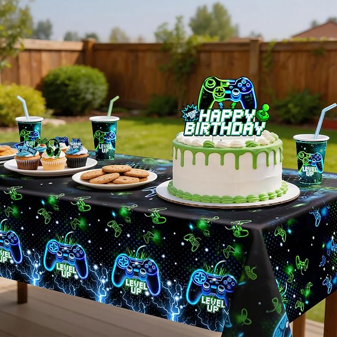 Video Game Birthday Party Decorations for Boy, Neon Gamer Party Tableware Set with 24PCS Plates Cups Napkins, Banner Tablecloth, Balloons, Game Level Up Theme Decor Serves 24