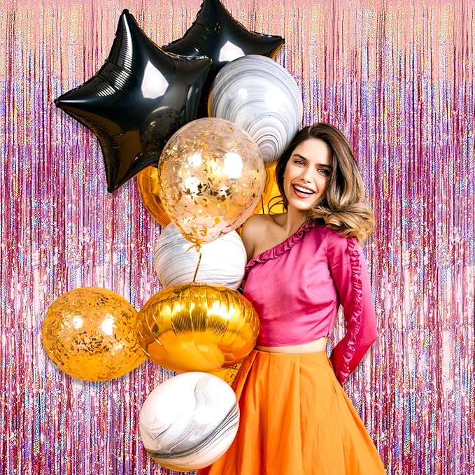 3 Pack Rose Gold Foil Fringe Curtain Backdrop, 3.28Ft x 8.2Ft Metallic Tinsel Foil Fringe Streamer Curtains for Photo Booth, Christmas Day, New Year, Wedding Party Decorations