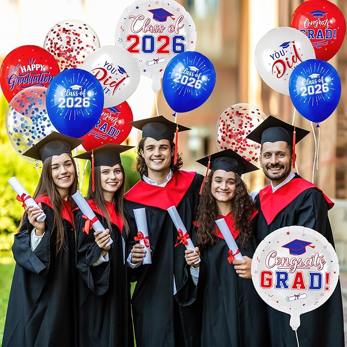 Red and Blue Graduation Balloons Graduation Decorations 2026, 51Pcs Grad Latex Balloons and Grad Foil Balloon with Confetti Ribbons Grad Party Decorations for College High School