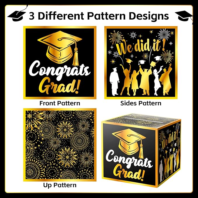 JWSCYSY Graduation Card Box Holder, Congrats Grad Foldable Cardboard Decorations Box for Graduation Party Favors Decor Party Supplies (Black Gold)