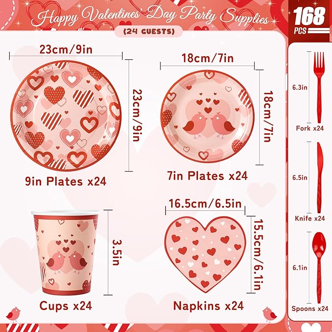 168PCS Red Love Heart Party Supplies for Valentines,Galentines Disposable Paper Plates Napkins Cups Cutlery for 24 Guest,Love Party Tableware for Anniversary Wedding Engagement Birthday Baby Shower