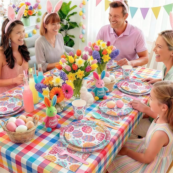 168PCS Easter Day Party Supplies Colorful Eggs Pattern Party Decorations Easter Dinnerware with Paper Plates Napkins Cups Forks for Spring Holiday Celebrations Picnic Favors Serves 24