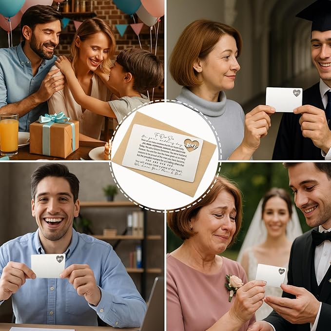 YODOCAMP To Our Son Wedding Day Wallet Insert from Parents, Stainless Steel Laser-Engraved Postcard with Heart Cutout, Groom Gift for Son, Emotional Wedding Keepsake for Groom and Husband QBK07