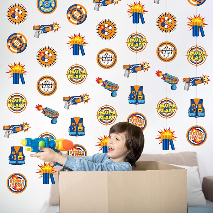 Xinnun Dart Battle Party Decorations Wars Garlands Banners Bullet Target Gun Theme Banner Cutouts Ribbon Streamers for Dart Battle Birthday Party Supplies Favors