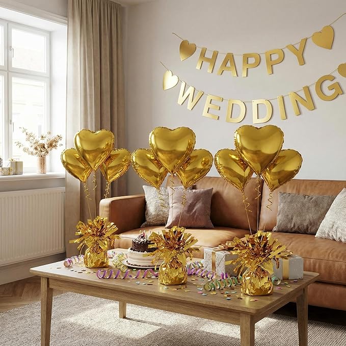 Aluminum Foil Balloon Weights for Parties (12 pcs) - 0.31lb (140g) Each - Premium Balloon Anchors for Birthday, Wedding, Dinner, Indoor & Outdoor Decorations(Gold 12pcs)