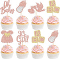 24Pcs Baby Shower Oh Baby Cupcake Toppers Rose Gold Glitter Bow Dress Bottle Swan It's a Girl Cake Picks Decorations for Baby Shower Gender Reveal Girls Birthday Party Supplies