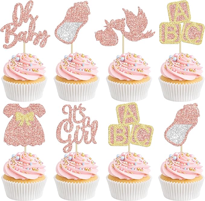 24Pcs Baby Shower Oh Baby Cupcake Toppers Rose Gold Glitter Bow Dress Bottle Swan It's a Girl Cake Picks Decorations for Baby Shower Gender Reveal Girls Birthday Party Supplies