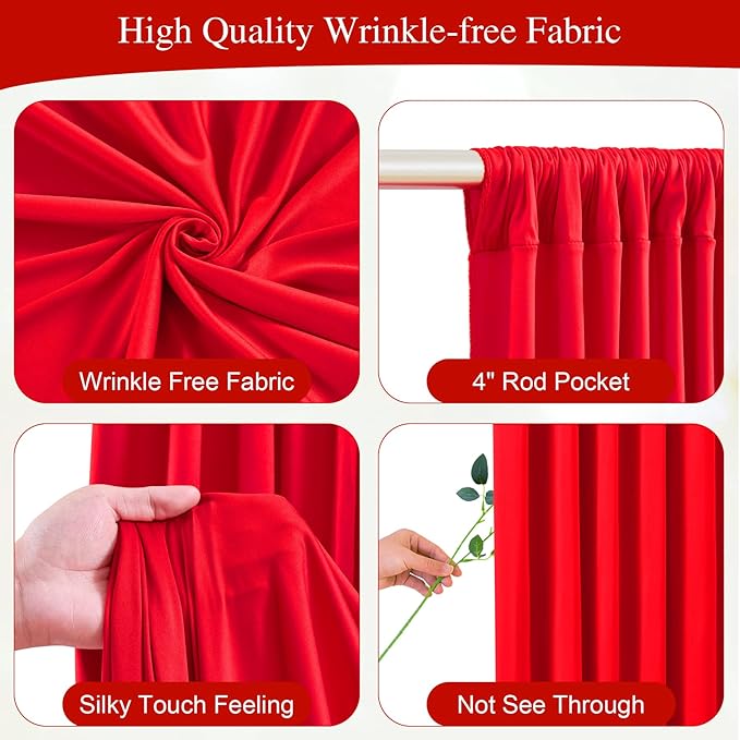 20x10FT Red Backdrop Curtains with Lights for Parties,Wrinkle Free Wedding Photo Backdrop Curtains for Valentines Baby Shower Birthday Ceremony Reception Home Party Decorations-5ft x 10ft,4 Panels